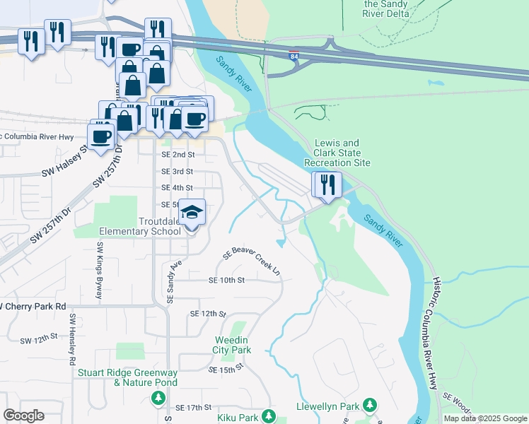 map of restaurants, bars, coffee shops, grocery stores, and more near 840 East Historic Columbia River Highway in Troutdale