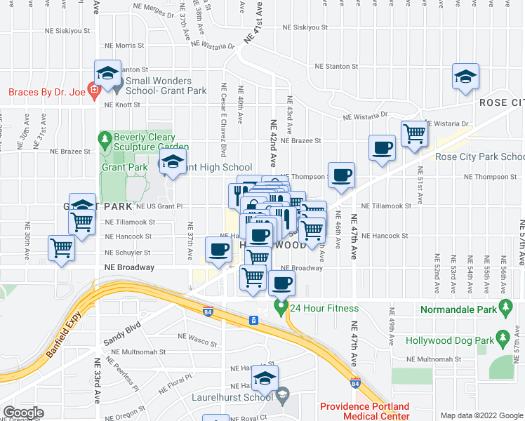map of restaurants, bars, coffee shops, grocery stores, and more near 1925 Northeast 42nd Avenue in Portland