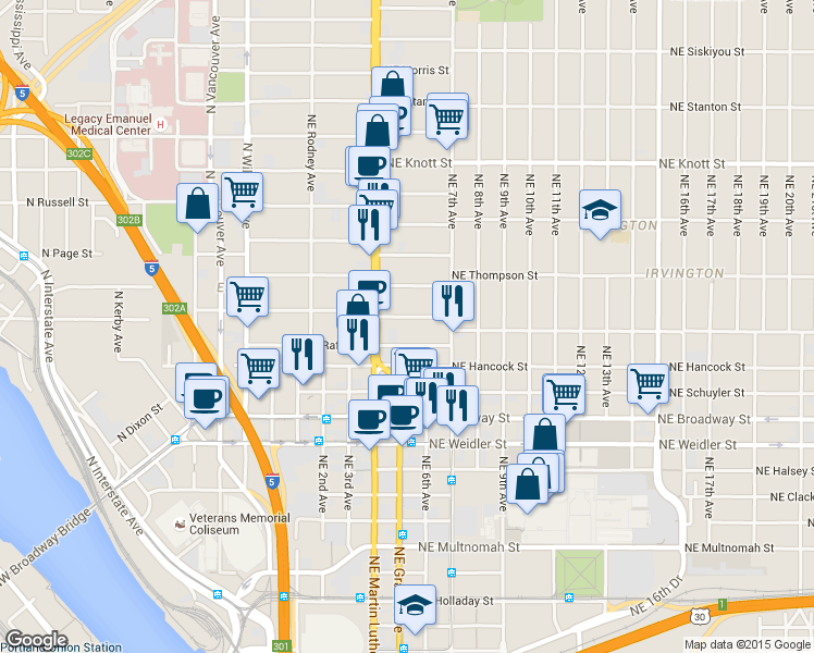 map of restaurants, bars, coffee shops, grocery stores, and more near 1900 Northeast Martin Luther King Junior Boulevard in Portland