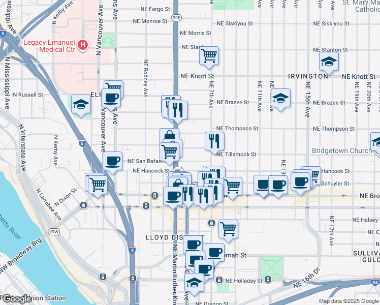map of restaurants, bars, coffee shops, grocery stores, and more near 1900 Northeast Martin Luther King Junior Boulevard in Portland