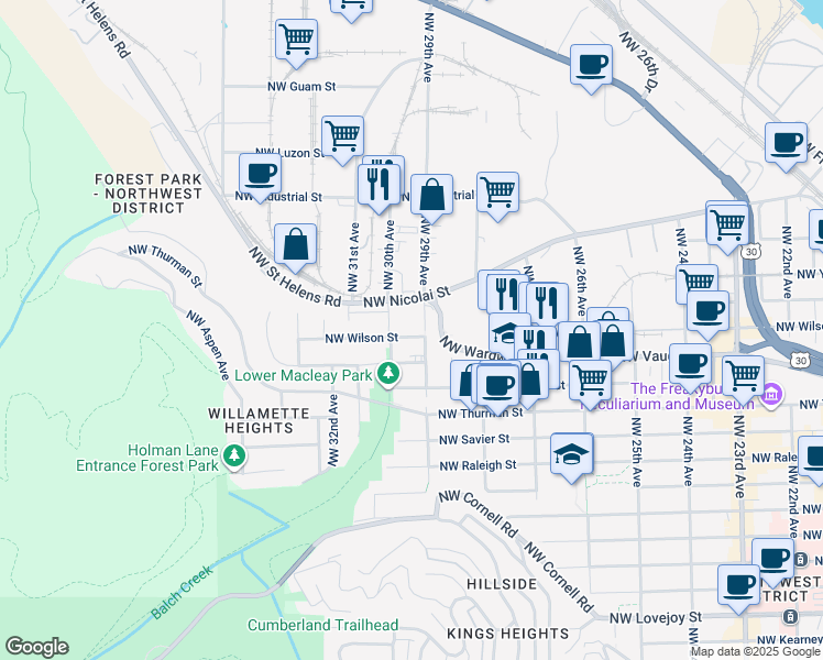 map of restaurants, bars, coffee shops, grocery stores, and more near 2015 Northwest 29th Avenue in Portland