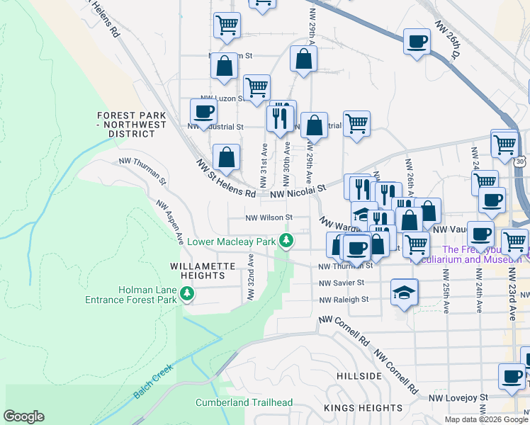 map of restaurants, bars, coffee shops, grocery stores, and more near 3045 Northwest Vaughn Street in Portland
