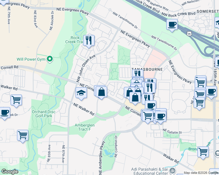 map of restaurants, bars, coffee shops, grocery stores, and more near 9378 Northeast Manchester Way in Hillsboro