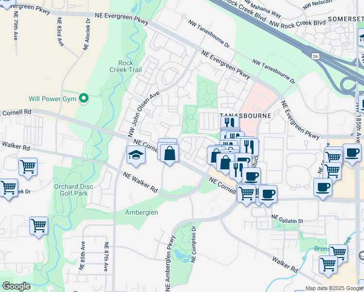 map of restaurants, bars, coffee shops, grocery stores, and more near 9378 Northeast Manchester Way in Hillsboro