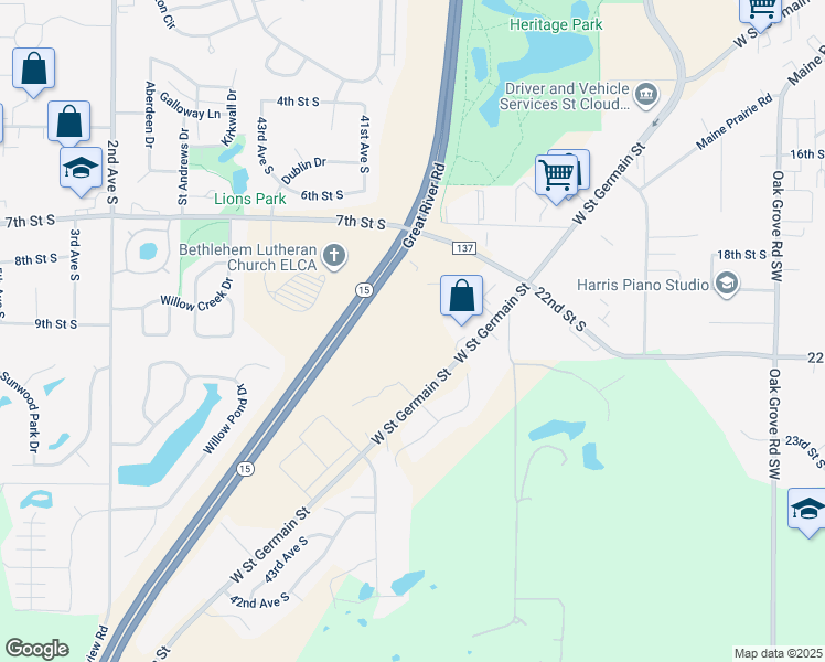 map of restaurants, bars, coffee shops, grocery stores, and more near 4005 24th Street South in St. Cloud