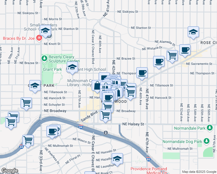 map of restaurants, bars, coffee shops, grocery stores, and more near 4110 Northeast Tillamook Street in Portland