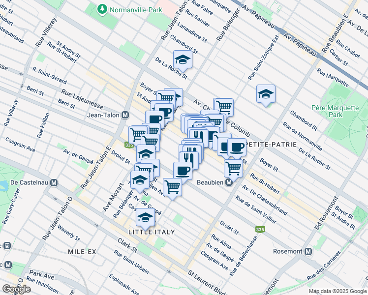 map of restaurants, bars, coffee shops, grocery stores, and more near Avenue De Chateaubriand in Montréal