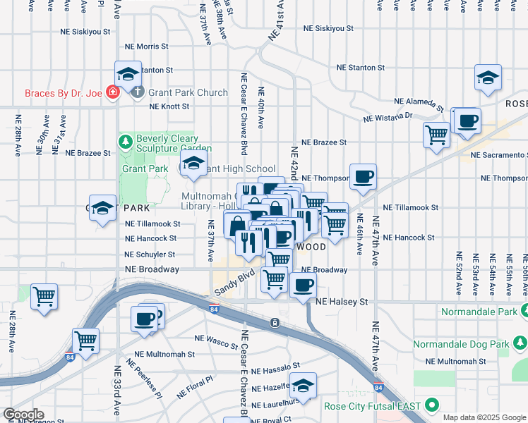 map of restaurants, bars, coffee shops, grocery stores, and more near 2034 Northeast 40th Avenue in Portland