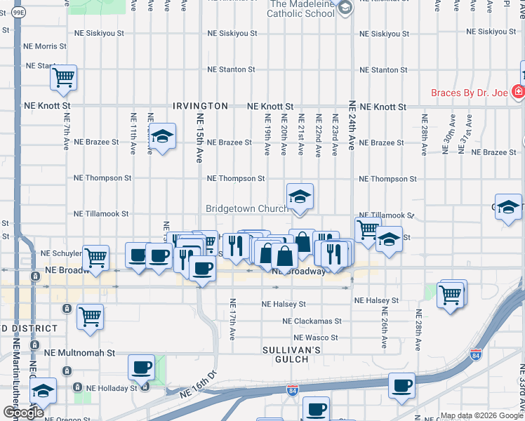 map of restaurants, bars, coffee shops, grocery stores, and more near 1845 Northeast Tillamook Street in Portland