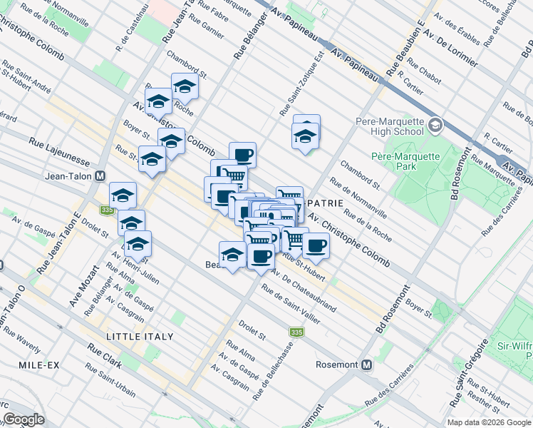 map of restaurants, bars, coffee shops, grocery stores, and more near 6582 Rue Boyer in Montréal