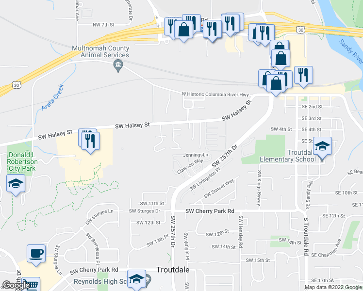 map of restaurants, bars, coffee shops, grocery stores, and more near 1111 Southwest 6th Way in Troutdale