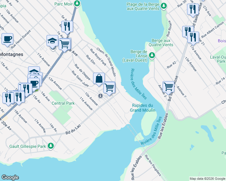 map of restaurants, bars, coffee shops, grocery stores, and more near 45 8e Avenue in Deux-Montagnes