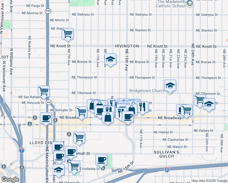 map of restaurants, bars, coffee shops, grocery stores, and more near 2106 Northeast 13th Avenue in Portland