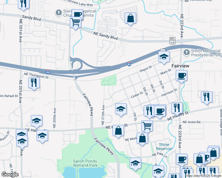 map of restaurants, bars, coffee shops, grocery stores, and more near 2009 Northeast 214th Avenue in Fairview