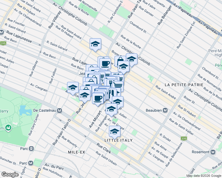 map of restaurants, bars, coffee shops, grocery stores, and more near 6993 Rue Saint-Denis in Montréal