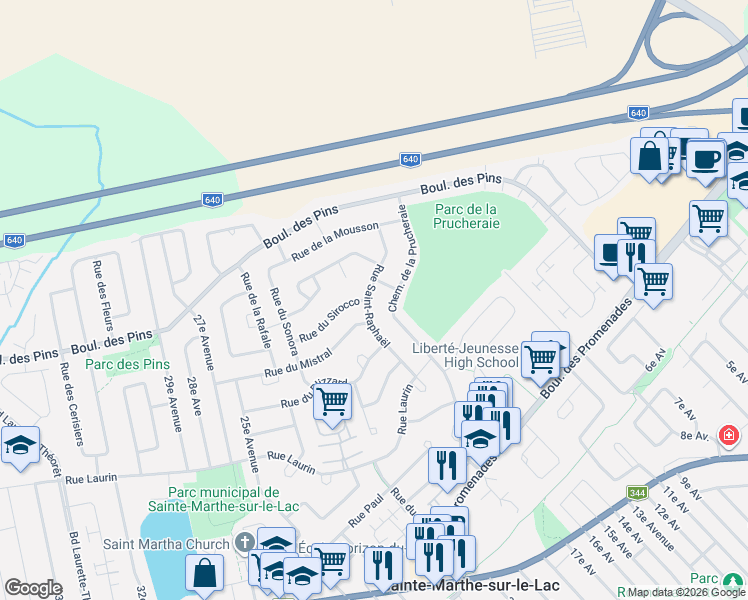 map of restaurants, bars, coffee shops, grocery stores, and more near 317 Rue Saint-Raphaël in Sainte-Marthe-sur-le-Lac