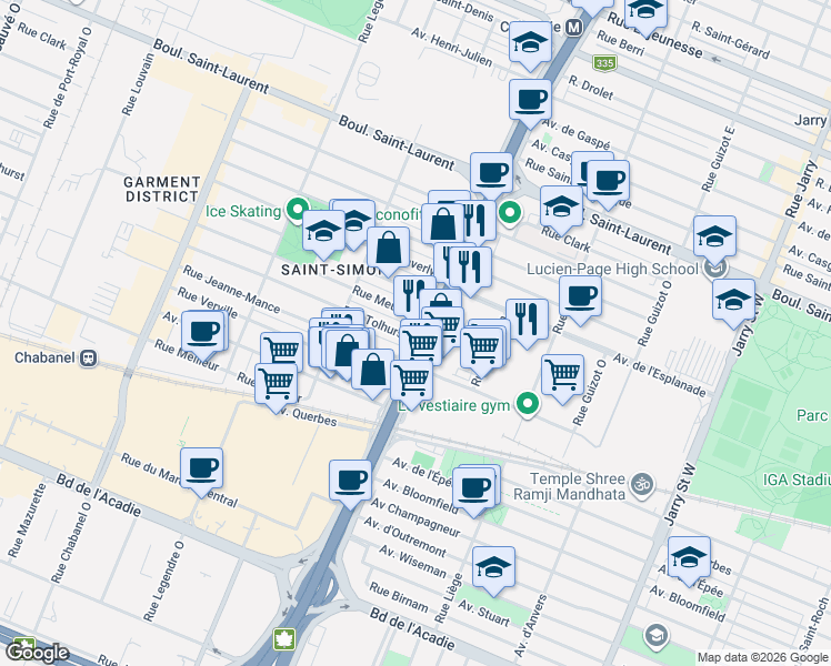 map of restaurants, bars, coffee shops, grocery stores, and more near 255 Boulevard Crémazie Ouest in Montréal