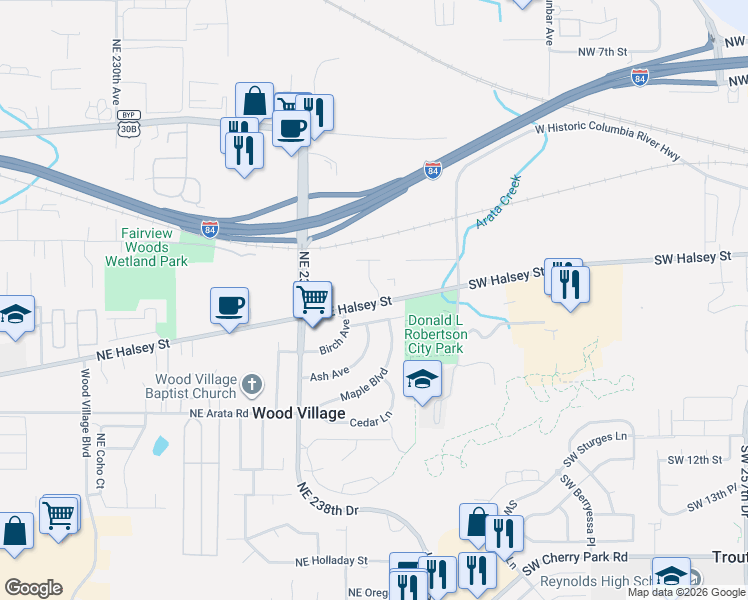 map of restaurants, bars, coffee shops, grocery stores, and more near 103 Elm Avenue in Wood Village