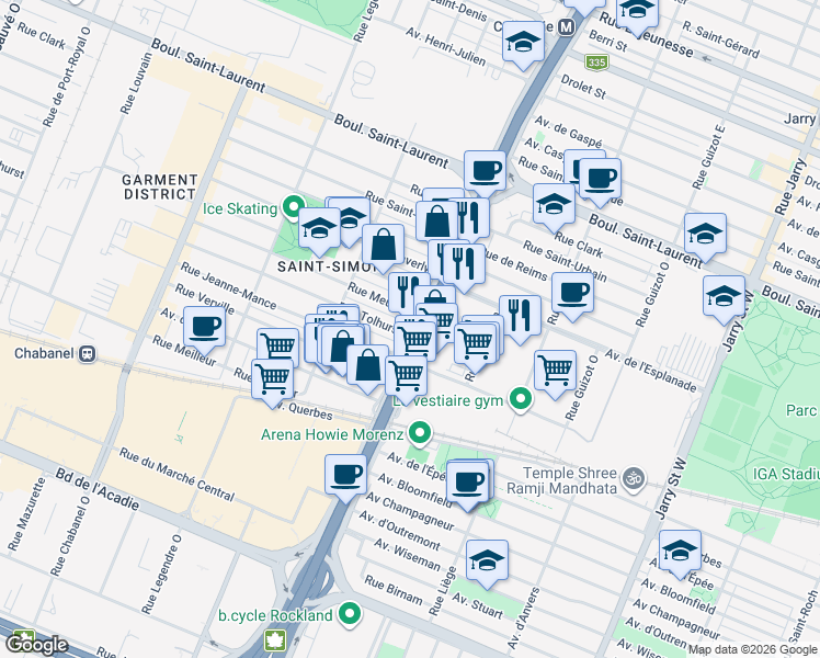 map of restaurants, bars, coffee shops, grocery stores, and more near 255 Boulevard Crémazie Ouest in Montréal