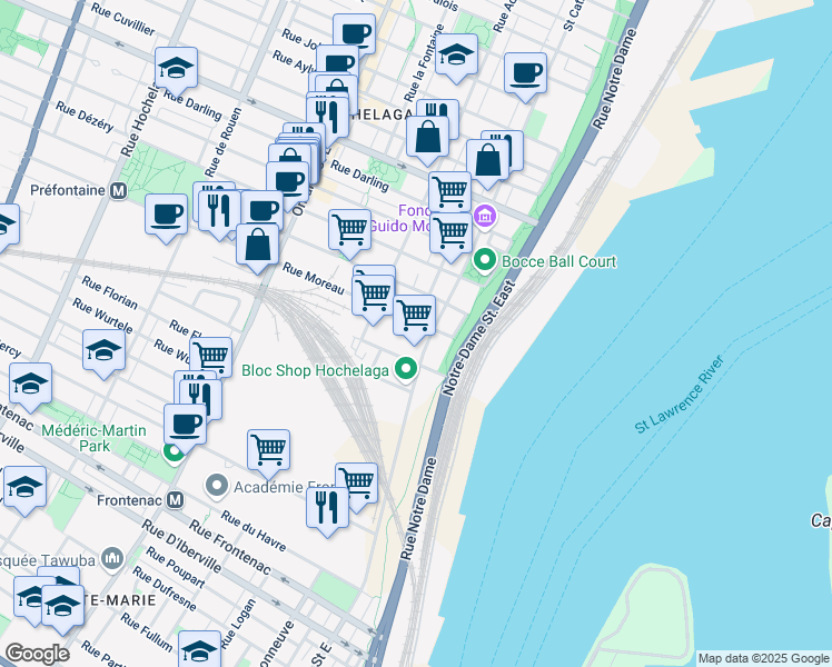 map of restaurants, bars, coffee shops, grocery stores, and more near in Montreal