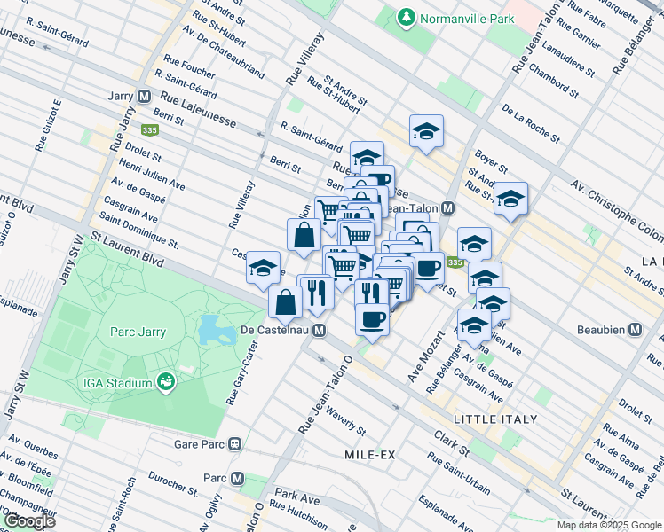 map of restaurants, bars, coffee shops, grocery stores, and more near 7345 Avenue de Gaspé in Montréal