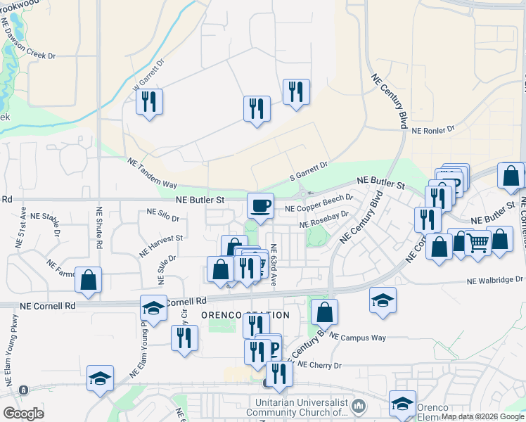 map of restaurants, bars, coffee shops, grocery stores, and more near 1817 Northeast 63rd Avenue in Hillsboro