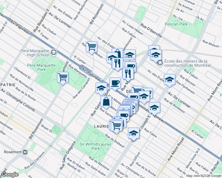 map of restaurants, bars, coffee shops, grocery stores, and more near 5410 Avenue Papineau in Montréal