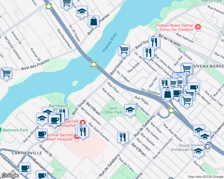 map of restaurants, bars, coffee shops, grocery stores, and more near 12252 Rue Filion in Montréal