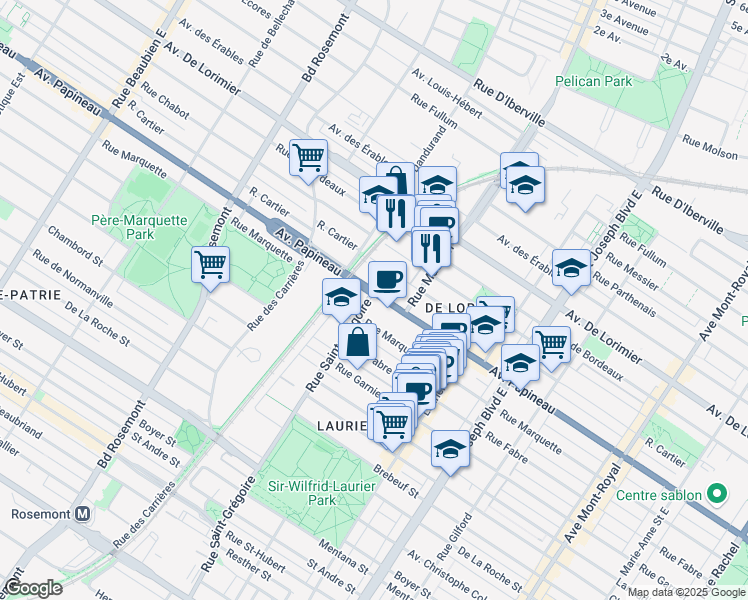 map of restaurants, bars, coffee shops, grocery stores, and more near 5410 Avenue Papineau in Montréal