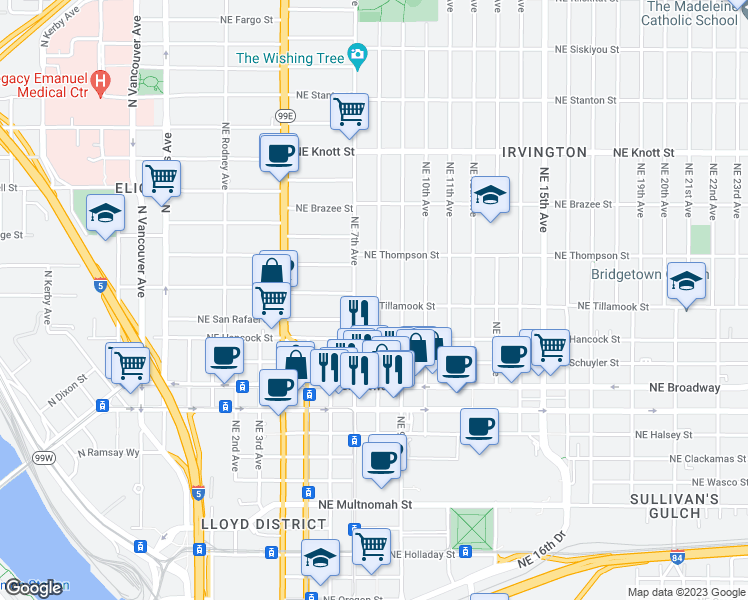 map of restaurants, bars, coffee shops, grocery stores, and more near 2103 Northeast 8th Avenue in Portland