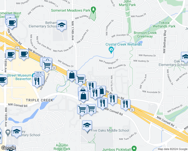 map of restaurants, bars, coffee shops, grocery stores, and more near 2466 Northwest Rogue Valley Terrace in Beaverton