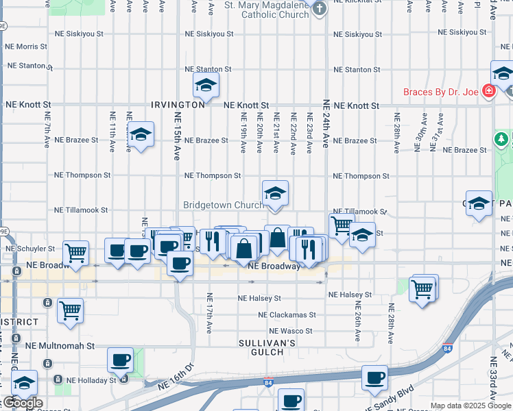 map of restaurants, bars, coffee shops, grocery stores, and more near 2115 Northeast 20th Avenue in Portland