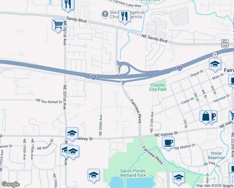 map of restaurants, bars, coffee shops, grocery stores, and more near 2260 Northeast 207th Place in Fairview