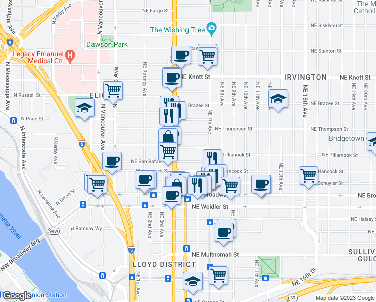 map of restaurants, bars, coffee shops, grocery stores, and more near 502 Northeast Tillamook Street in Portland