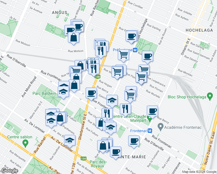 map of restaurants, bars, coffee shops, grocery stores, and more near 2556 Rue Hogan in Montréal