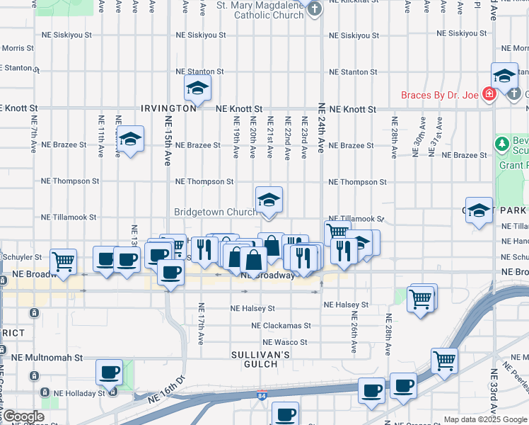 map of restaurants, bars, coffee shops, grocery stores, and more near 2043 Northeast Tillamook Street in Portland