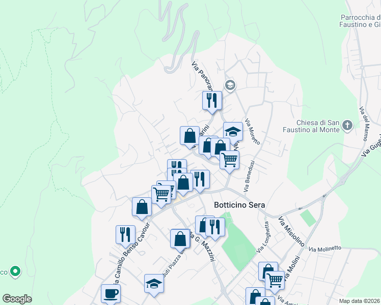 map of restaurants, bars, coffee shops, grocery stores, and more near Via Vincenzo Bellini in Botticino Sera