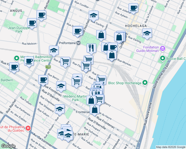 map of restaurants, bars, coffee shops, grocery stores, and more near 2178 Rue Florian in Montréal