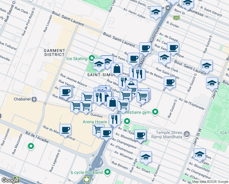 map of restaurants, bars, coffee shops, grocery stores, and more near 8810 Rue Tolhurst in Montréal