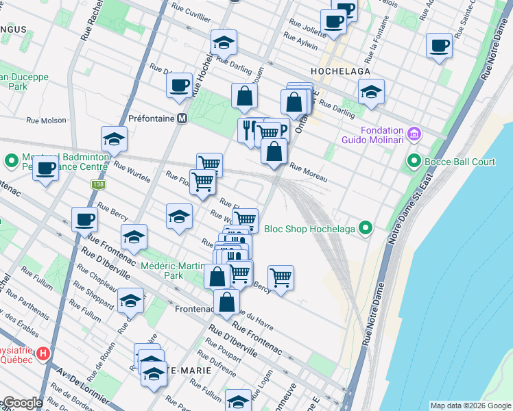 map of restaurants, bars, coffee shops, grocery stores, and more near 2030 Rue Lespérance in Montréal