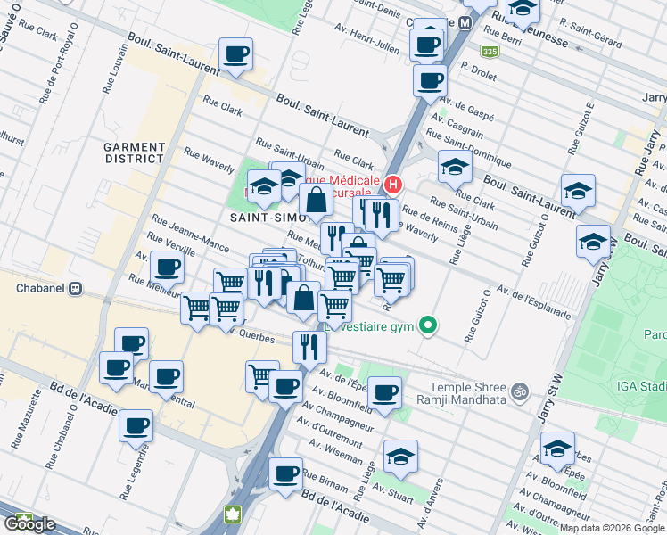 map of restaurants, bars, coffee shops, grocery stores, and more near 8725 Rue Tolhurst in Montréal