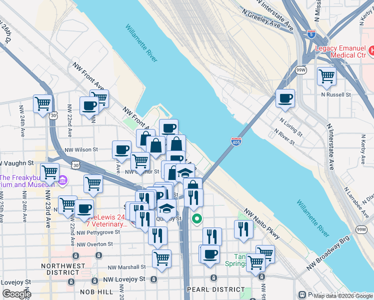 map of restaurants, bars, coffee shops, grocery stores, and more near 1616 Northwest Riverscape Street in Portland