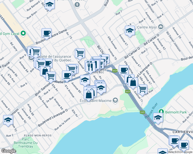 map of restaurants, bars, coffee shops, grocery stores, and more near 313 76e Av in Laval