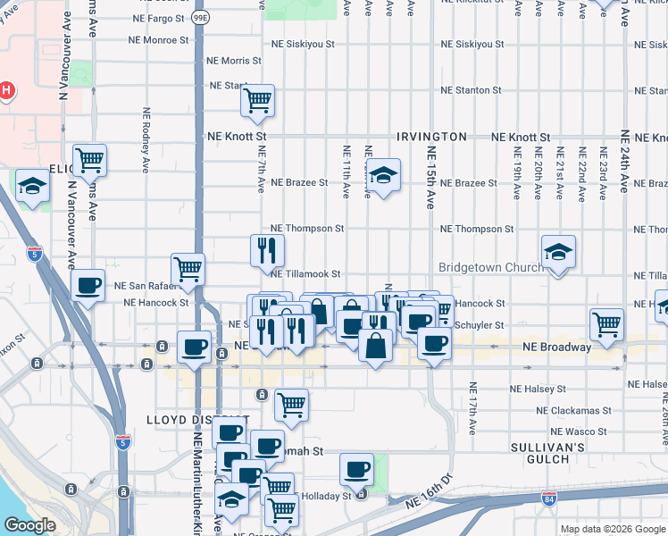 map of restaurants, bars, coffee shops, grocery stores, and more near 1011 Northeast Tillamook Street in Portland