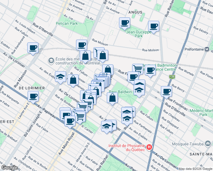 map of restaurants, bars, coffee shops, grocery stores, and more near 2322 Avenue du Mont-Royal Est in Montréal