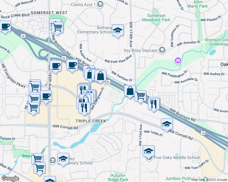 map of restaurants, bars, coffee shops, grocery stores, and more near 17981 Northeast Evergreen Parkway in Beaverton