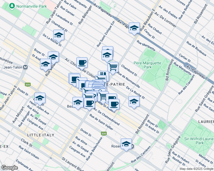 map of restaurants, bars, coffee shops, grocery stores, and more near 6450 Christophe Colomb Avenue in Montreal