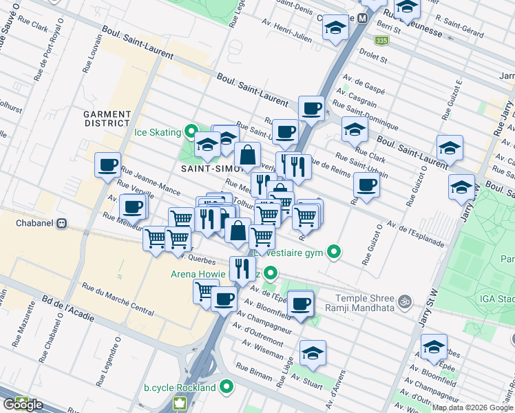 map of restaurants, bars, coffee shops, grocery stores, and more near 8735 Rue Tolhurst in Montreal