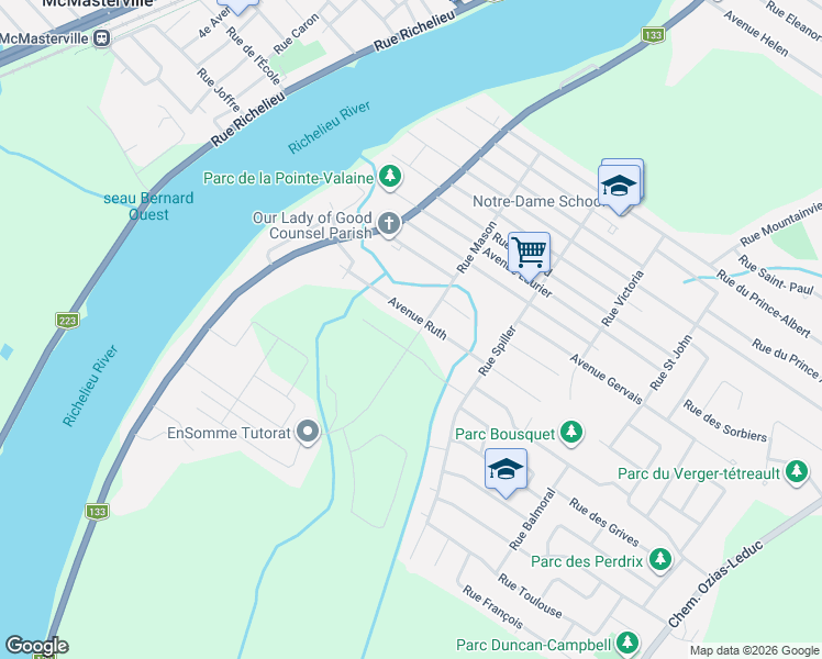 map of restaurants, bars, coffee shops, grocery stores, and more near Rue Vigneault in Otterburn Park