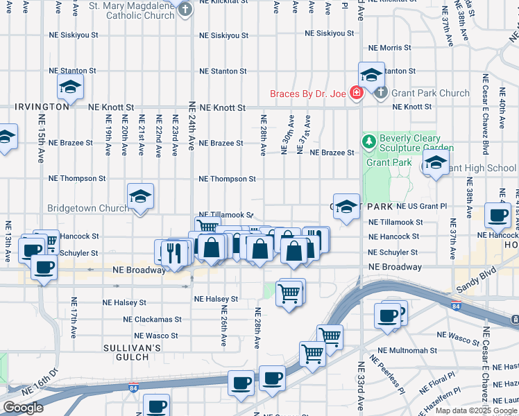 map of restaurants, bars, coffee shops, grocery stores, and more near 2015 Northeast 28th Avenue in Portland
